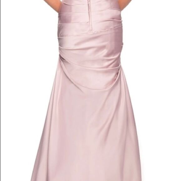 NWT LA Femme champagne colored ruched gown with beaded back and sleeves. - Picture 2 of 14